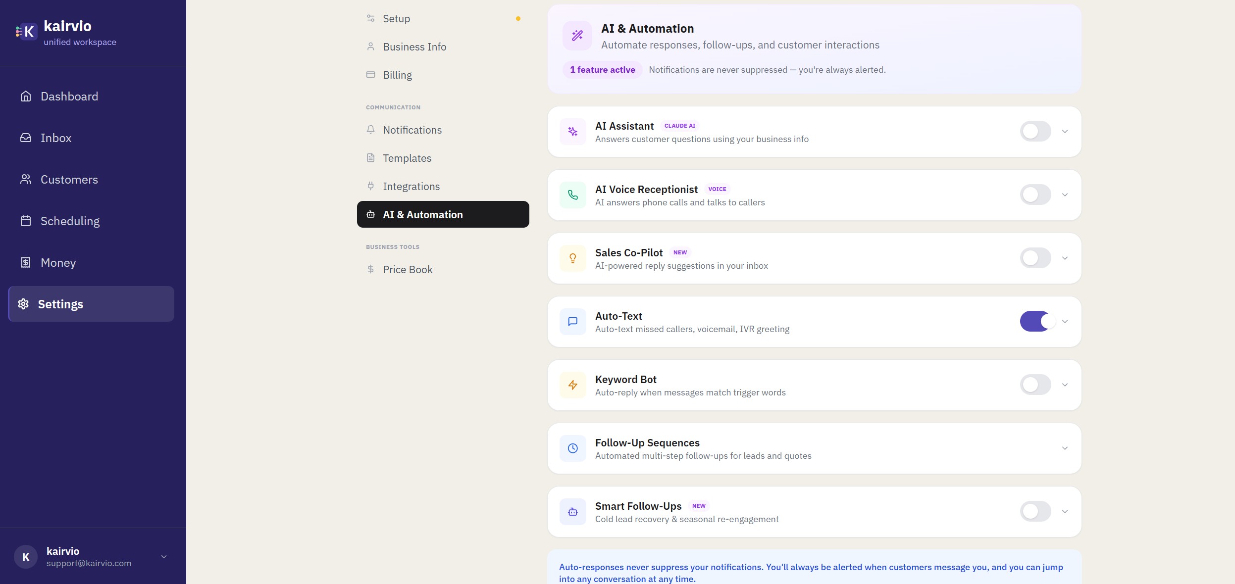 The Kairvio AI and Automation settings page showing all AI features including the AI Assistant and Voice Receptionist