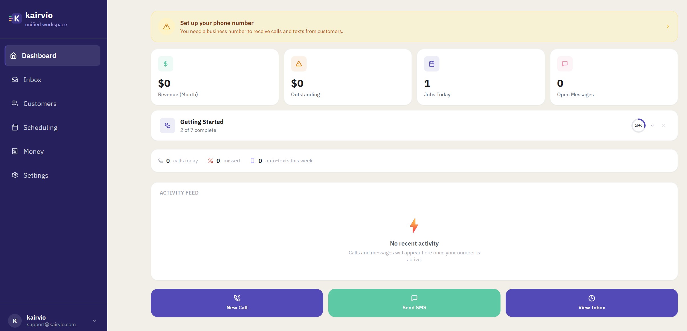 The Kairvio dashboard showing stat cards for revenue, outstanding balance, jobs today, and open messages, along with the Getting Started checklist and activity feed