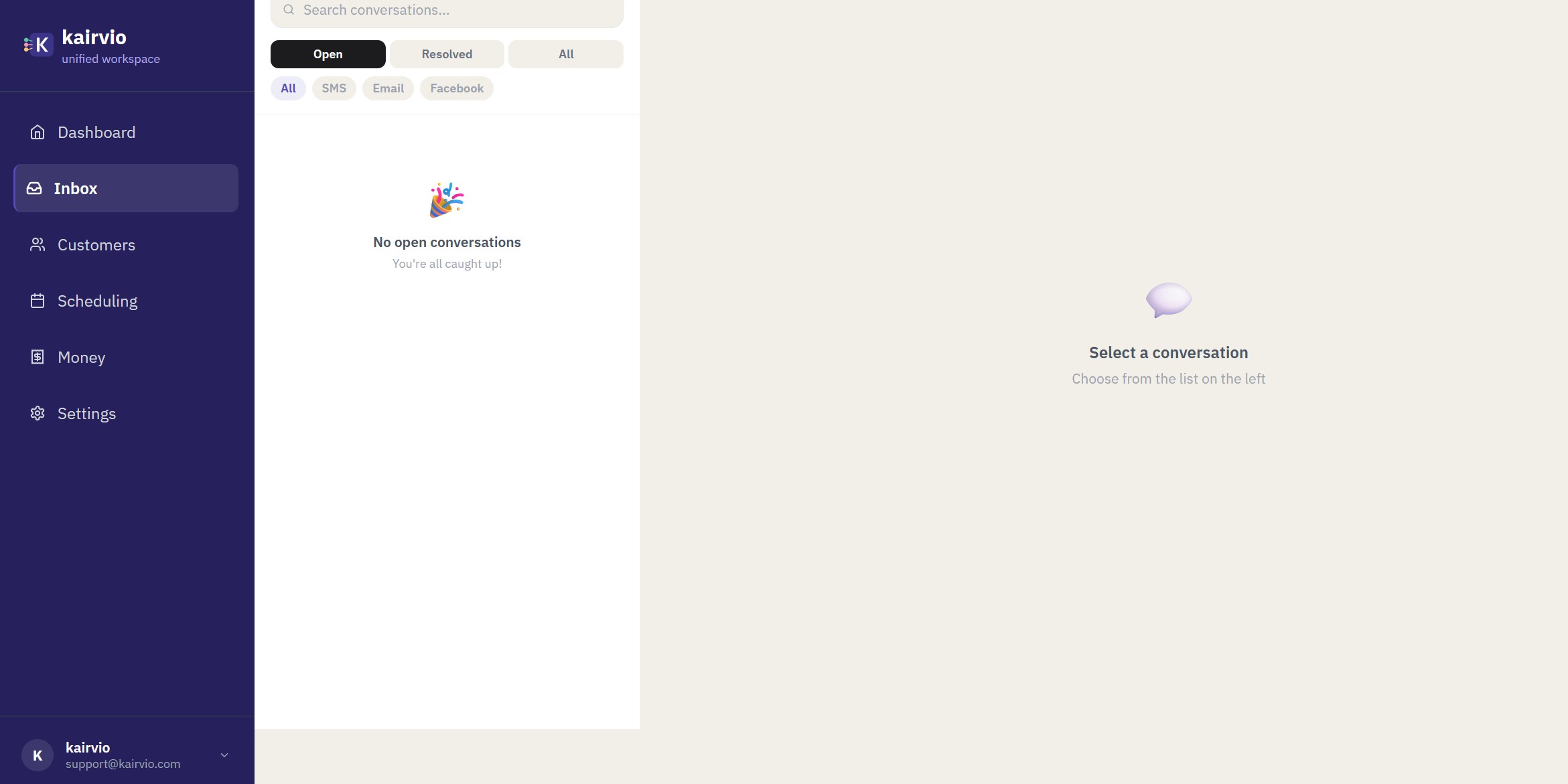 The Kairvio unified inbox showing Open, Resolved, and All tabs with channel filters for SMS, Email, and Facebook
