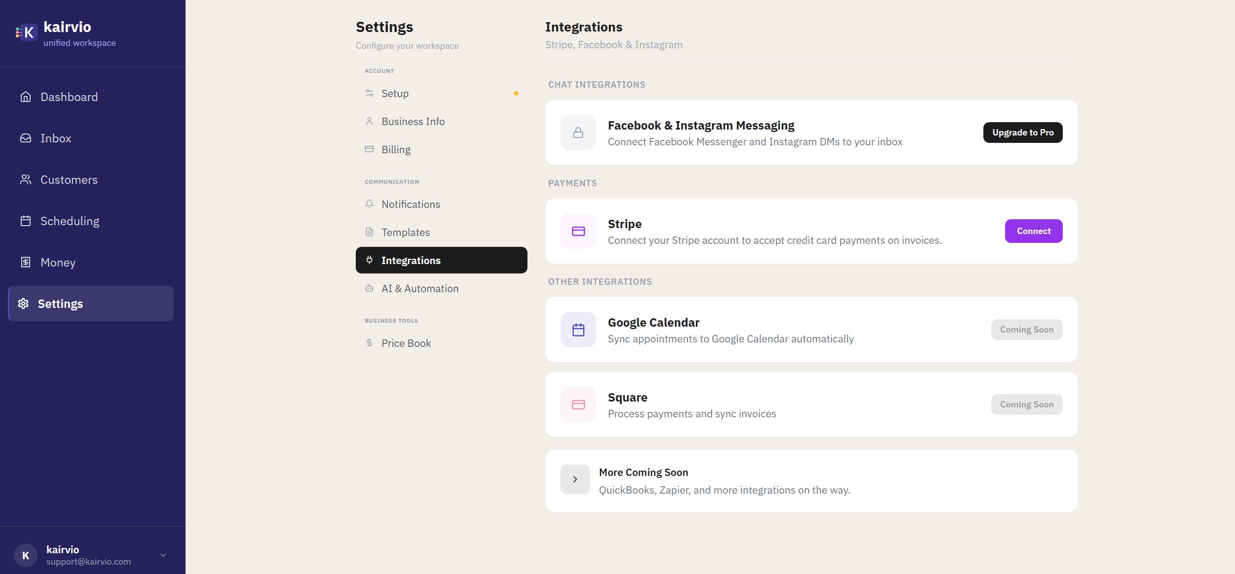 The Kairvio Integrations page showing Stripe, Facebook, and Instagram connection options