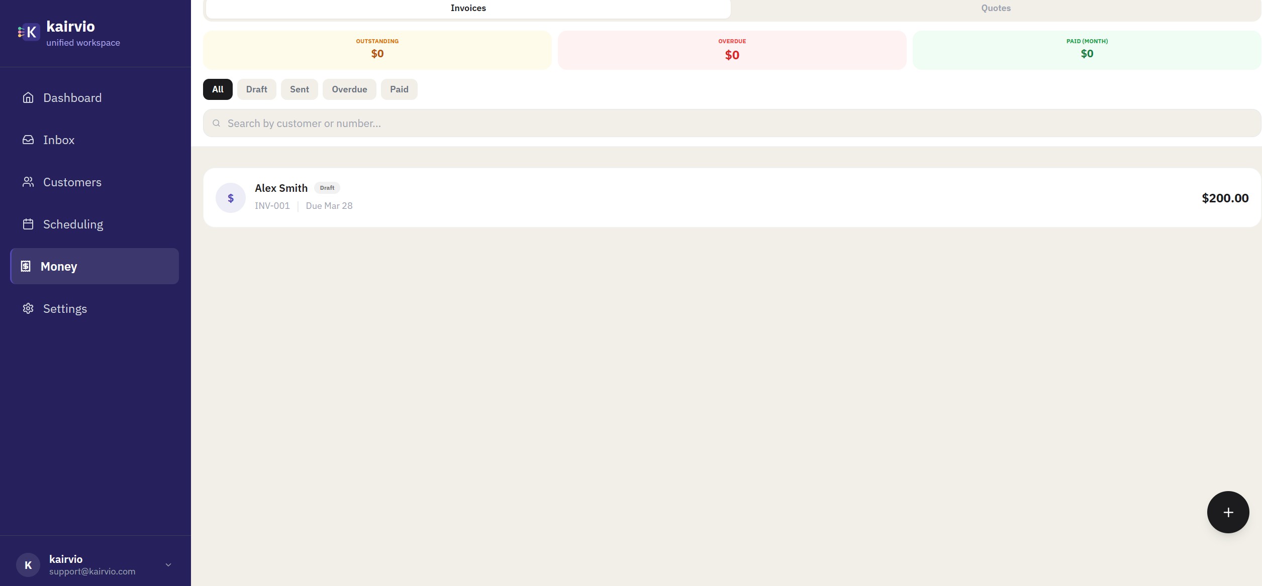 The Kairvio Money page showing Invoices and Quotes tabs with invoice status filters and summary cards