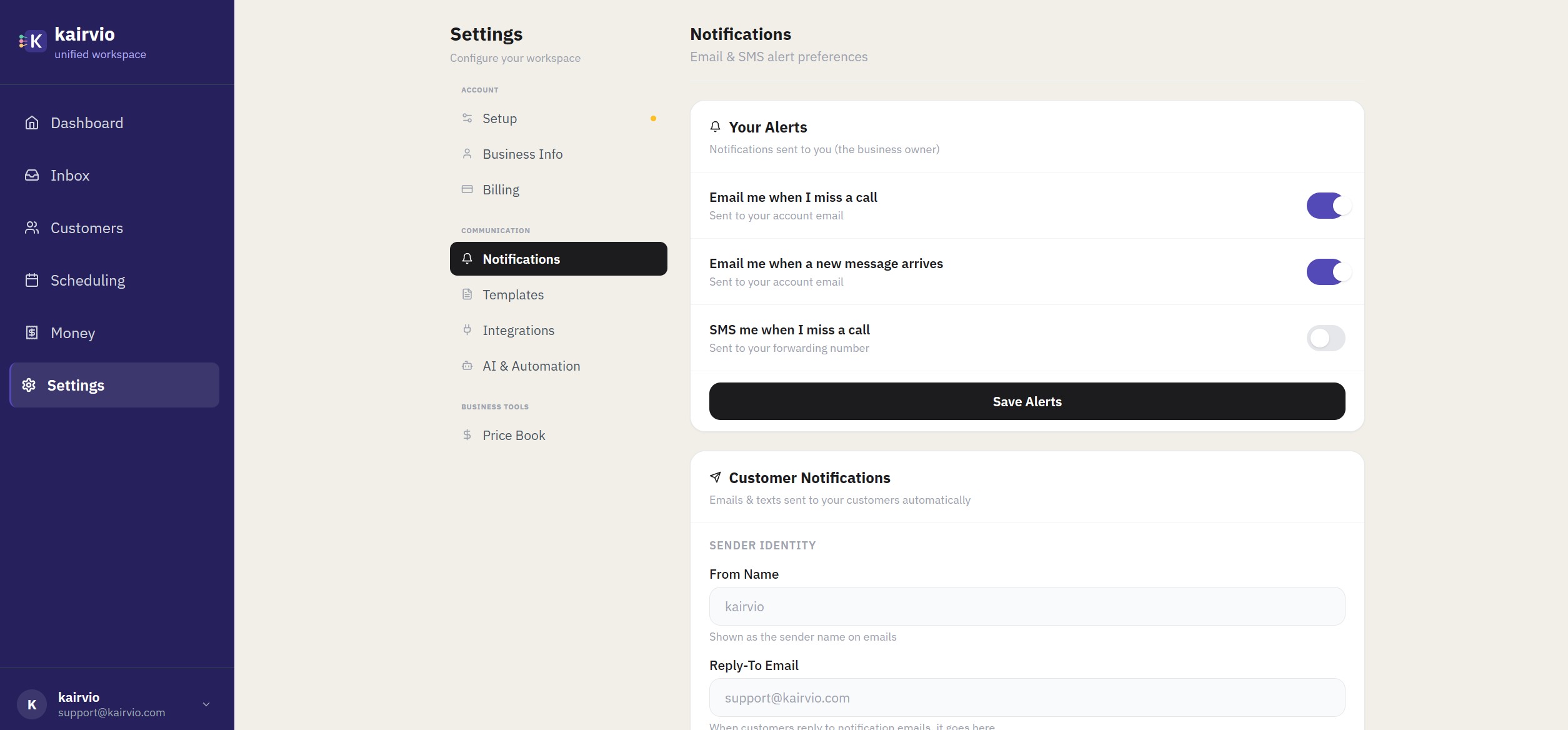 The Kairvio Notifications settings page showing alert preferences and customer notification controls