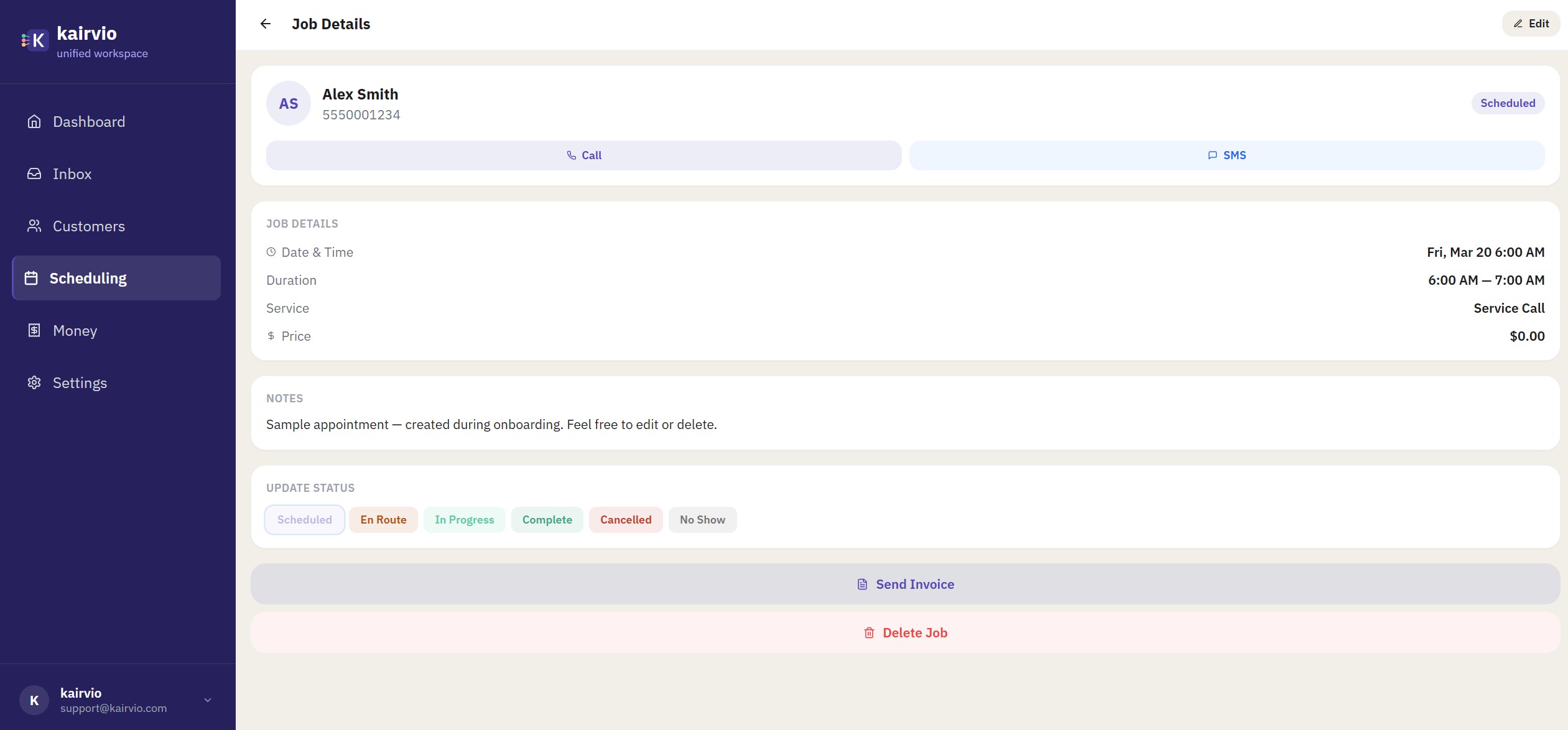 The Kairvio schedule page showing Today, Week, and List view tabs with job cards