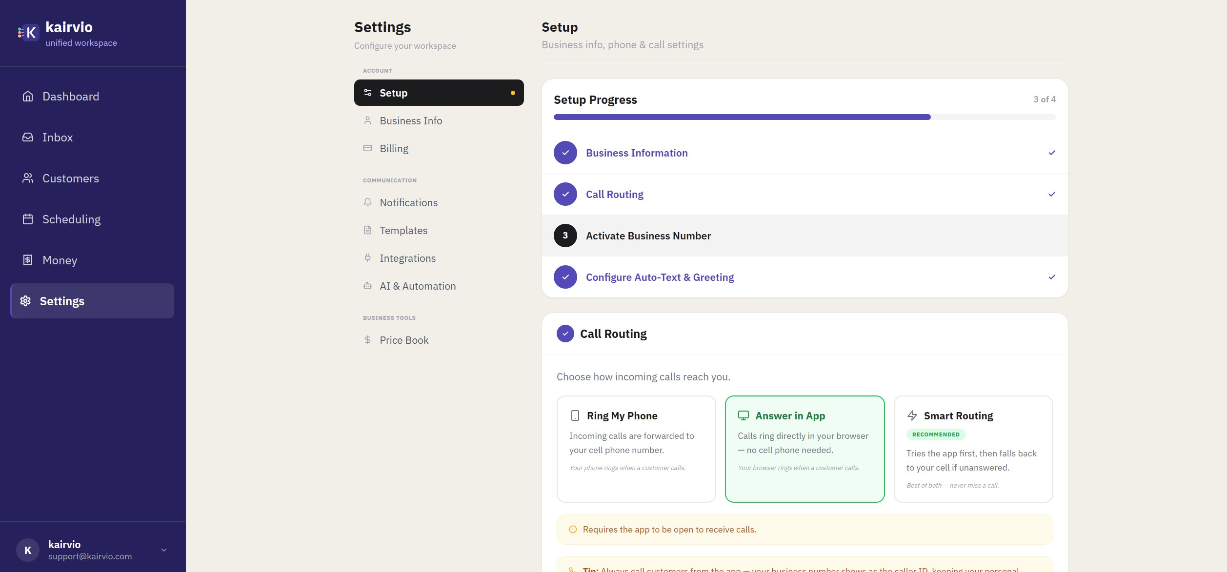 The Kairvio Settings page showing Setup progress with steps for configuring your business