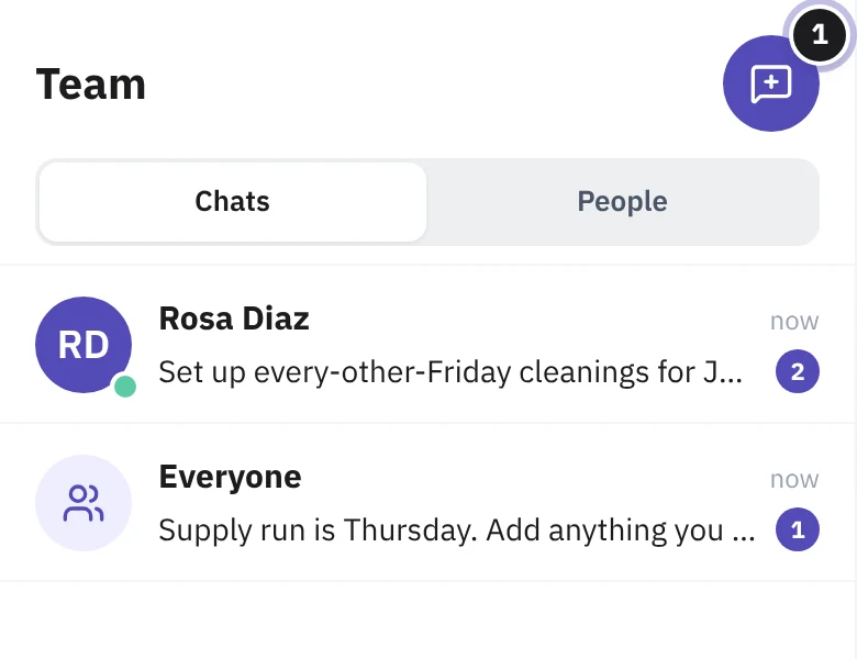 The Team page on a phone, listing a direct chat with Rosa Diaz and the Everyone group, each with an unread count.