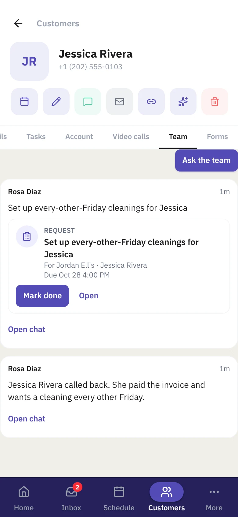 A customer's Team tab with what the team said about them and an Ask the team button.