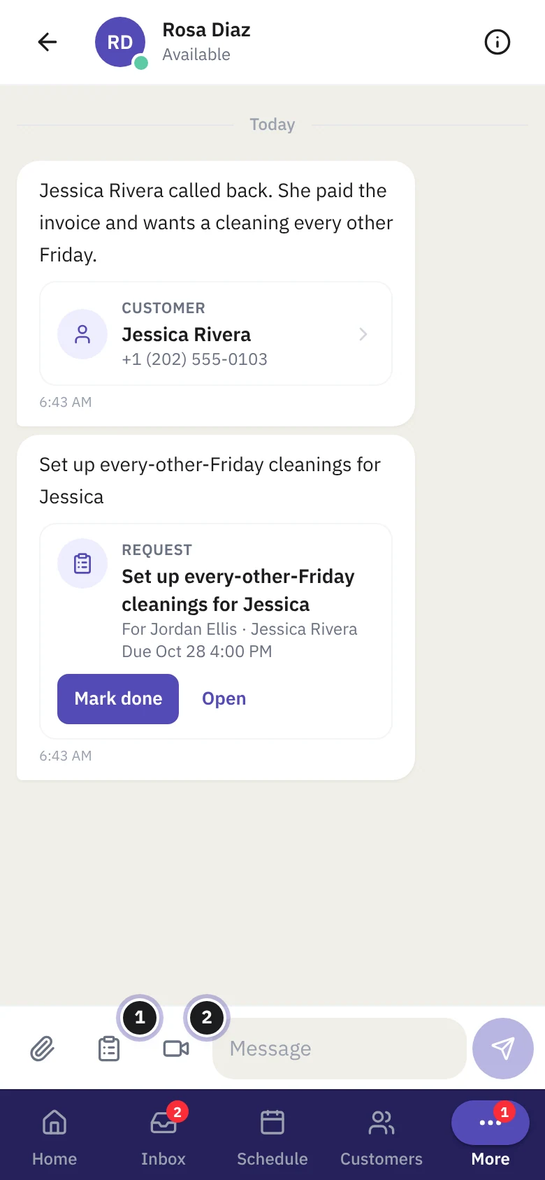 A direct chat with Rosa Diaz showing a customer card for Jessica Rivera and a request card with a due date and a Mark done button.