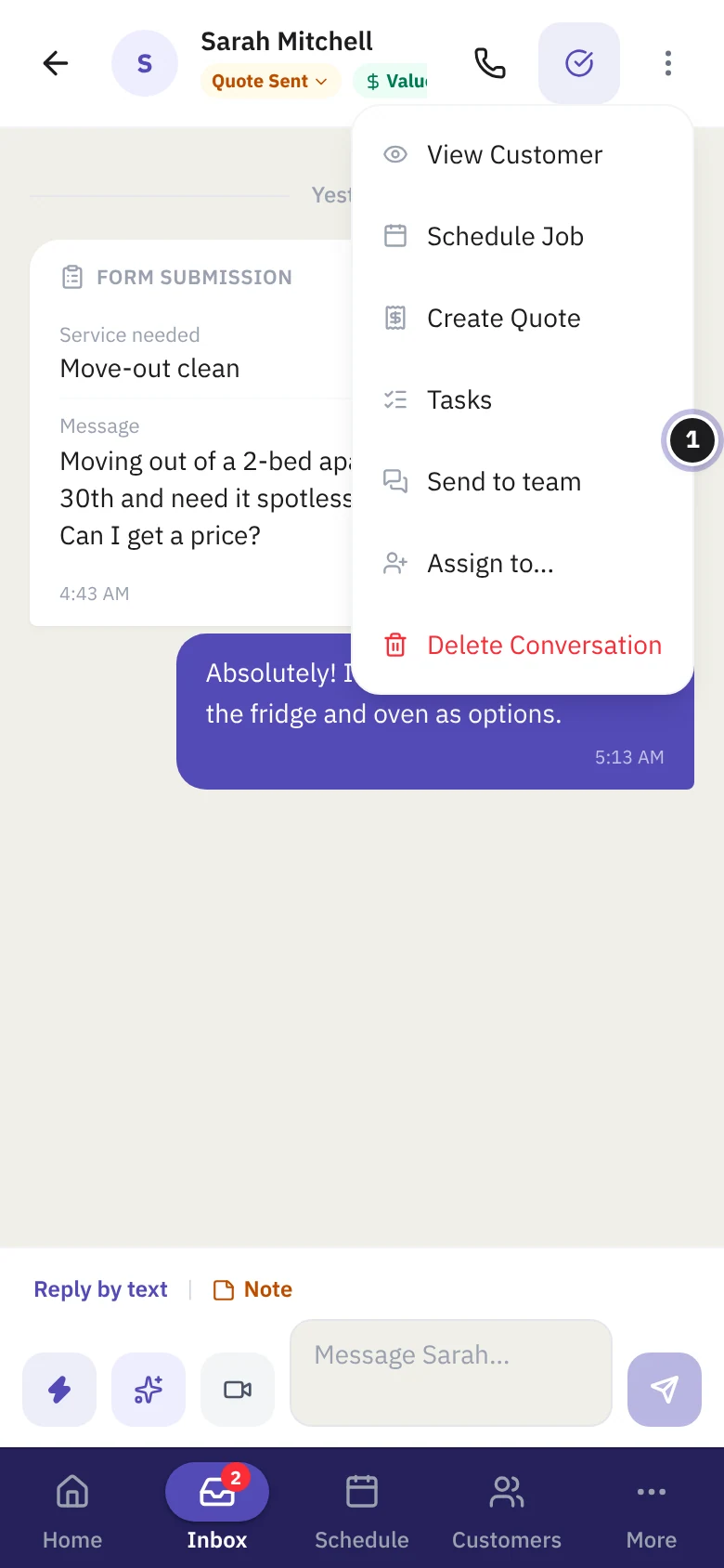 The menu on an Inbox conversation with Send to team.