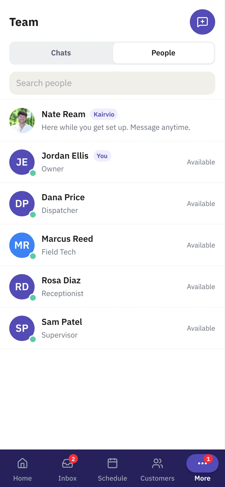 The People view: Kairvio support first, then each teammate with photo, job title, role and whether they are available.