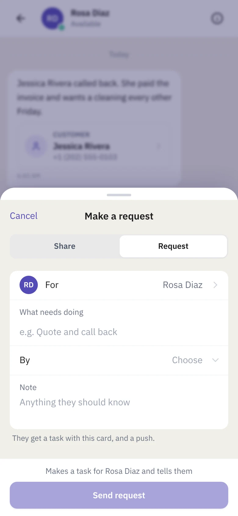 The Make a request sheet: what needs doing, who it is for and an optional due date.