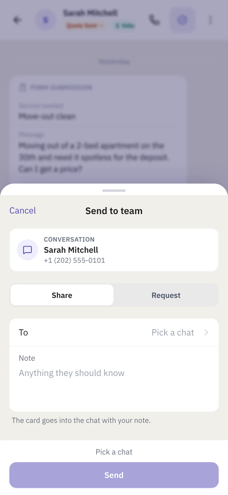 The Send to team sheet: pick a chat or a person, add a note, or make it a request.