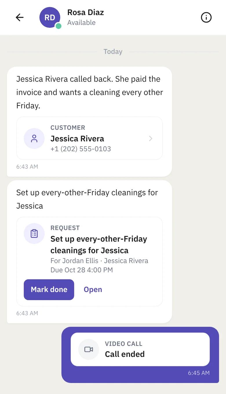 The video call card in the chat after the call, reading Call ended.