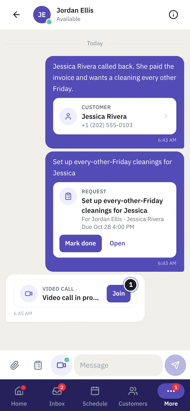 What a teammate sees: a Video call in progress card in the chat with a Join button.